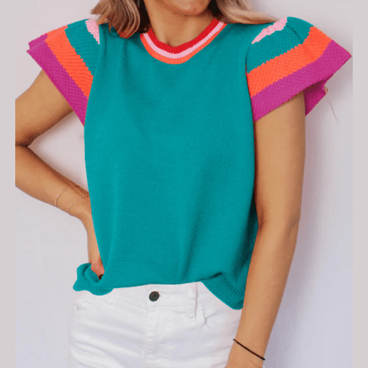 Ivana Turquoise Contrast Flutter Sleeves Knitted Sweater T Shirt