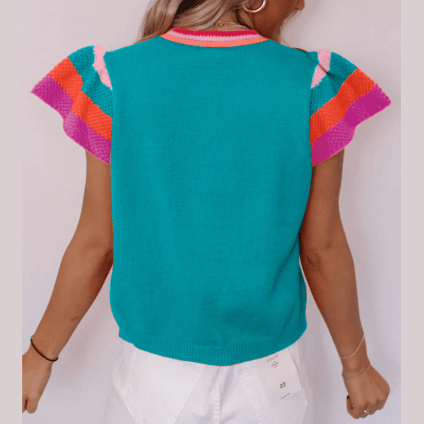 Ivana Turquoise Contrast Flutter Sleeves Knitted Sweater T Shirt