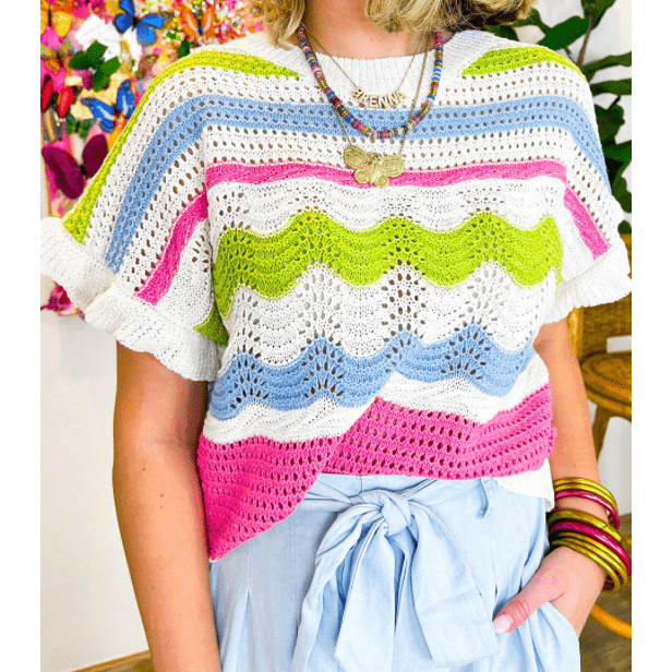 Chantelle White Colorblock Crochet Knit Ruffled Short Sleeve Sweater Top