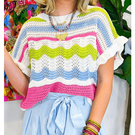 Chantelle White Colorblock Crochet Knit Ruffled Short Sleeve Sweater Top