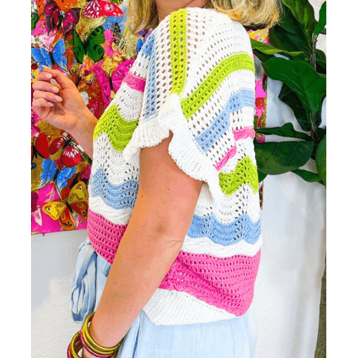 Chantelle White Colorblock Crochet Knit Ruffled Short Sleeve Sweater Top