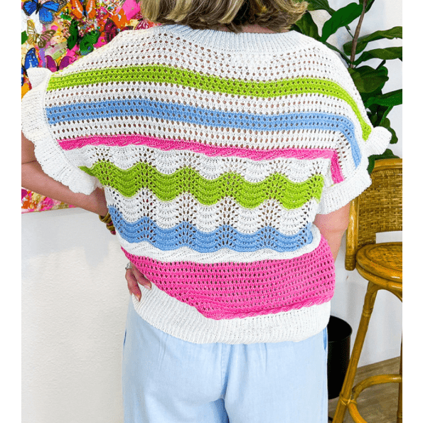 Chantelle White Colorblock Crochet Knit Ruffled Short Sleeve Sweater Top