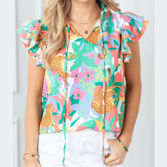 REDUCED!!! Jadey Green Frilly Ruffle Tie Split Neck Summer Floral Blouse REDUCED!!!
