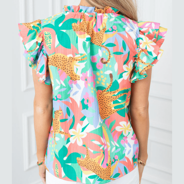 REDUCED!!! Jadey Green Frilly Ruffle Tie Split Neck Summer Floral Blouse REDUCED!!!