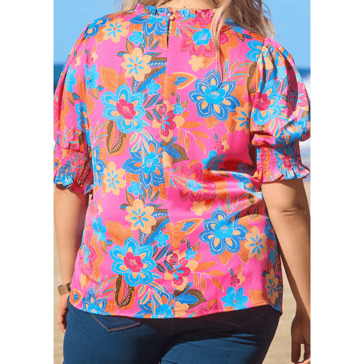 REDUCED!!! Clarita PLUS SIZE Floral Print Frilly Neck Puff Sleeve Blouse REDUCED!!!