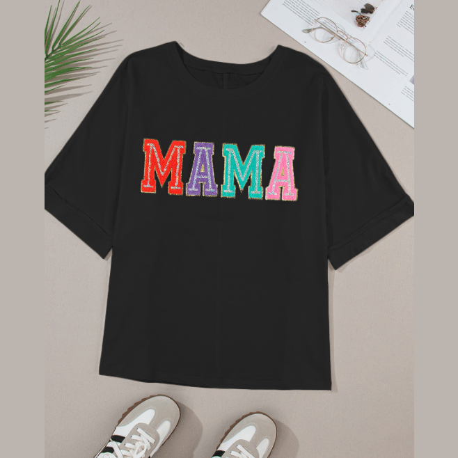 REDUCED!!! Mama Black MAMA Chenille Patched Crew Neck T Shirt REDUCED!!!