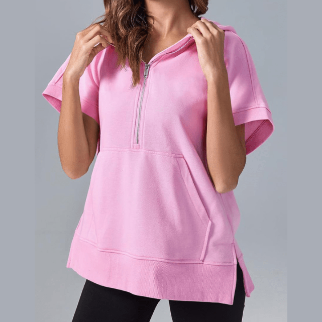 Minita Pink Half Zipper Kangaroo Pocket Short Sleeve Hoodie