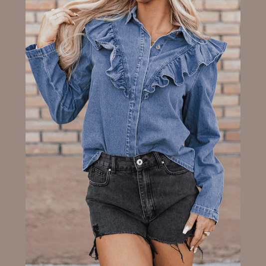 REDUCED!!!  Meliza Dusk Blue Denim Ruffled Casual Top REDUCED!!!