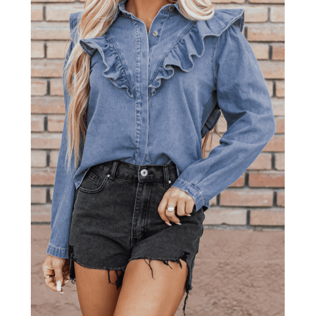 REDUCED!!! Meliza Dusk Blue Denim Ruffled Casual Top REDUCED!!!