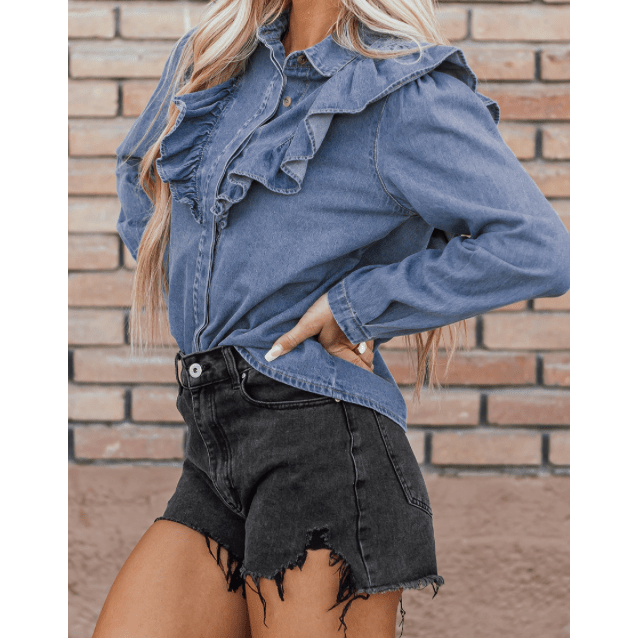 REDUCED!!! Meliza Dusk Blue Denim Ruffled Casual Top REDUCED!!!