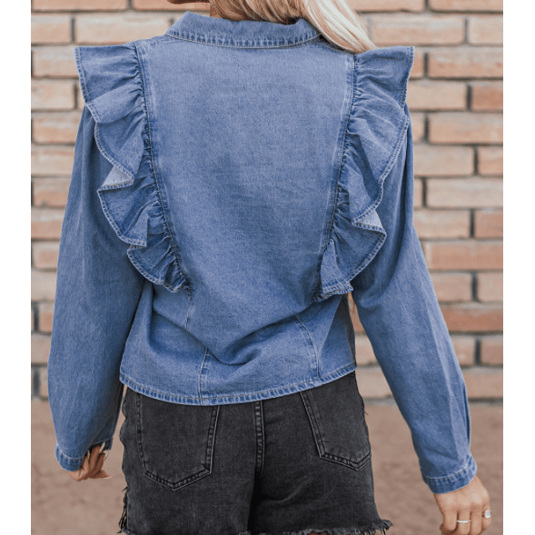 REDUCED!!! Meliza Dusk Blue Denim Ruffled Casual Top REDUCED!!!