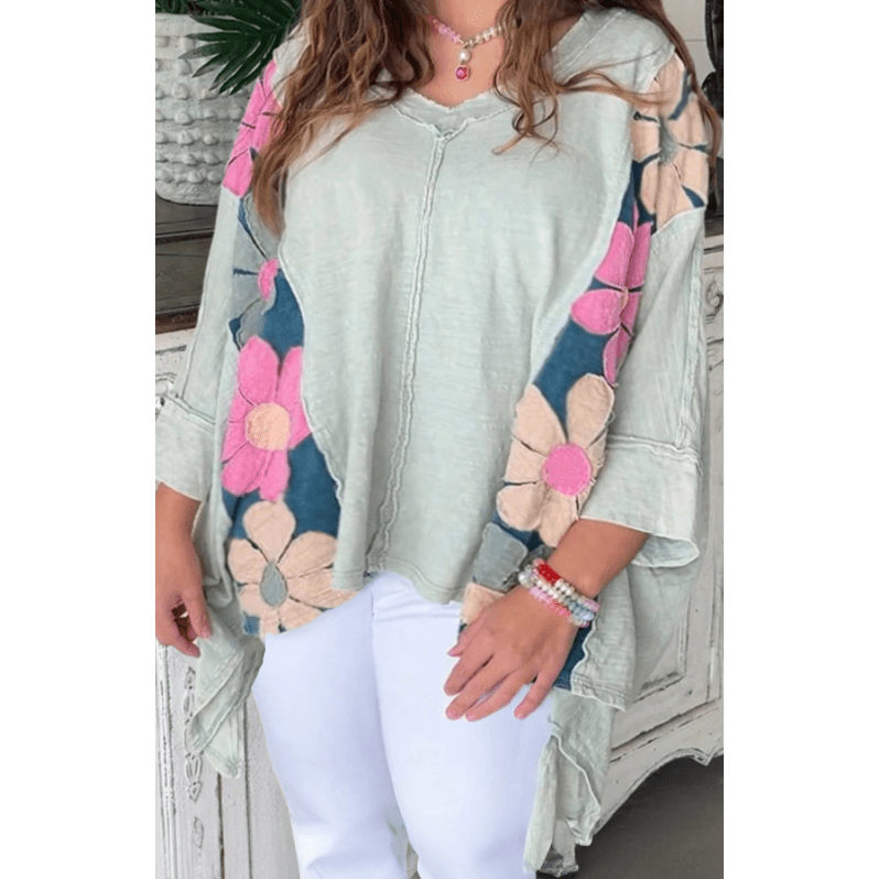 Ginger Green Flower Patchwork Exposed Seam High Low Top