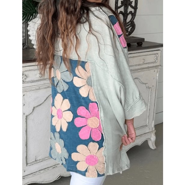 Ginger Green Flower Patchwork Exposed Seam High Low Top