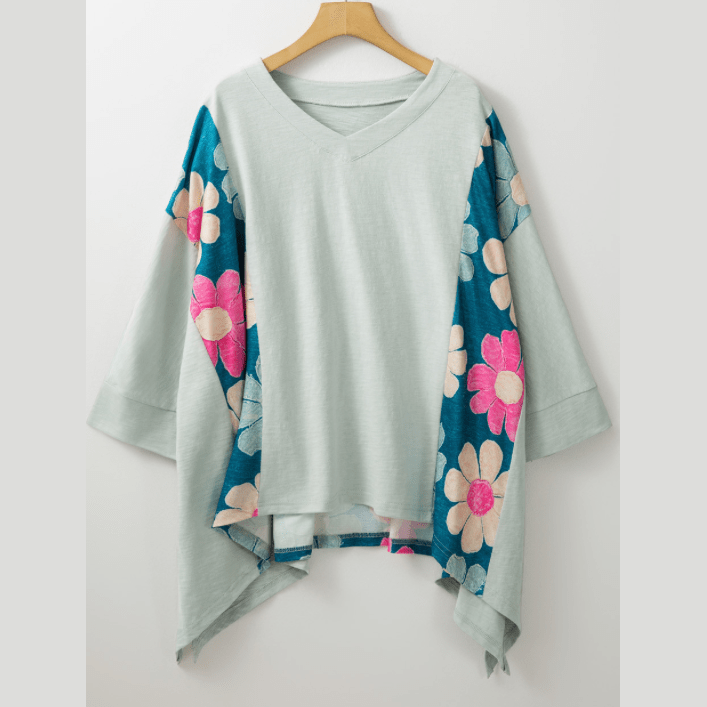 Ginger Green Flower Patchwork Exposed Seam High Low Top