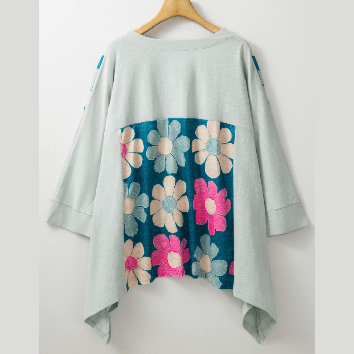 Ginger Green Flower Patchwork Exposed Seam High Low Top