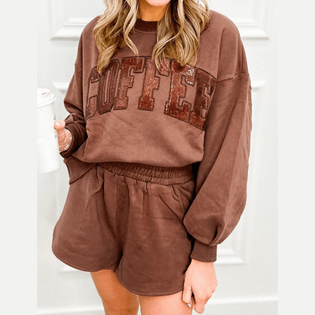 Sequined Brown COFFEE Loose Fit Sweatshirt and Shorts Set