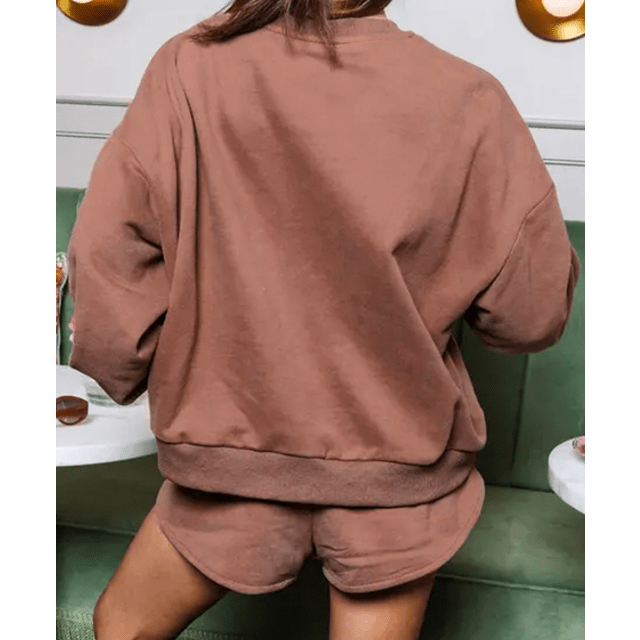 Sequined Brown COFFEE Loose Fit Sweatshirt and Shorts Set