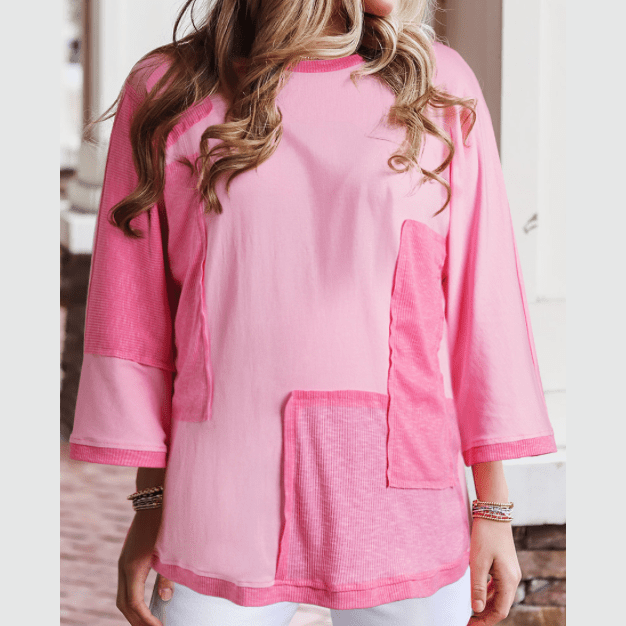 REDUCED!!! Dee Pink Bonbon Oversized Patched High Low Bracelet Sleeve PLUS SIZE T Shirt. REDUCED!!!