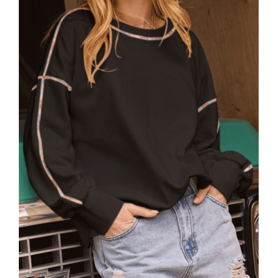 REDUCED!!! Trista Black Contrast Rainbow Trim Drop Shoulder Pullover Sweatshirt REDUCED!!!
