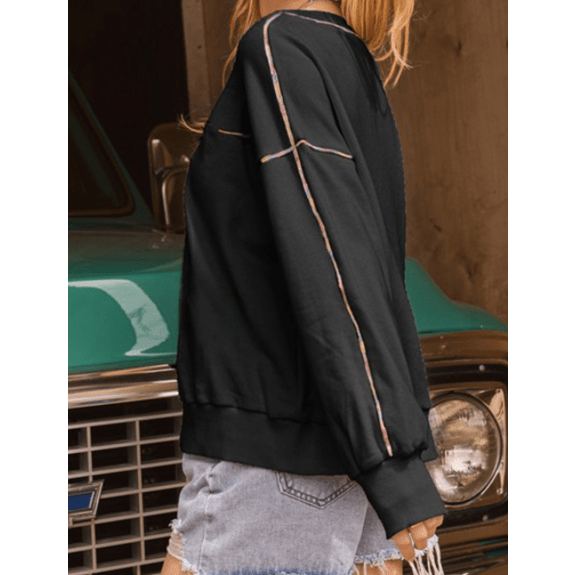 REDUCED!!! Trista Black Contrast Rainbow Trim Drop Shoulder Pullover Sweatshirt REDUCED!!!