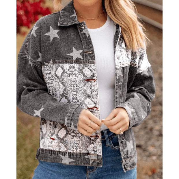 REDUCED!!! Loray Black Star Snakeskin Printed Patchwork Denim Jacket REDUCED!!!