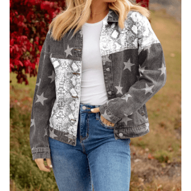 REDUCED!!! Loray Black Star Snakeskin Printed Patchwork Denim Jacket REDUCED!!!