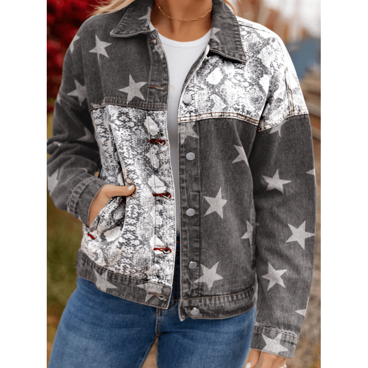 REDUCED!!! Loray Black Star Snakeskin Printed Patchwork Denim Jacket REDUCED!!!