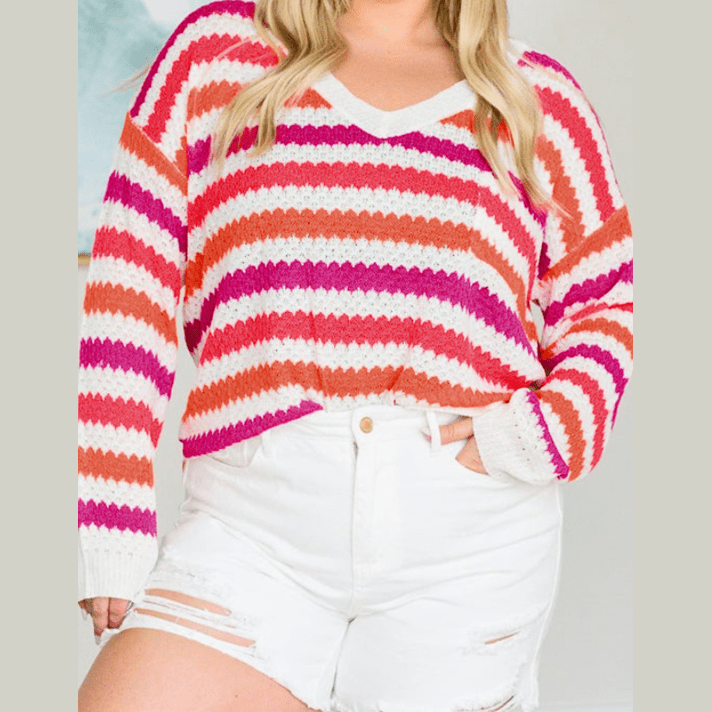 REDUCED!!! Ryland Pink Stripe V Neck Drop Shoulder PLUS SIZE Sweater REDUCED!!!
