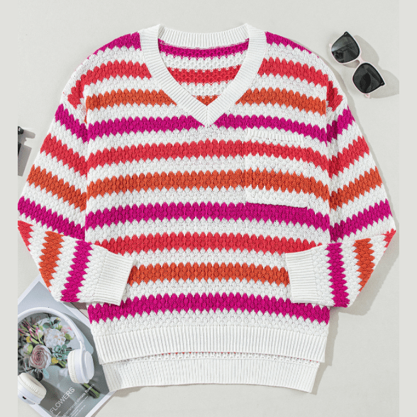 REDUCED!!! Ryland Pink Stripe V Neck Drop Shoulder PLUS SIZE Sweater REDUCED!!!