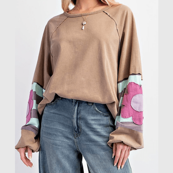 Monella Brown Flower Patchwork Raglan Sleeve Exposed Seam Oversized Top