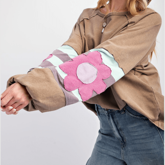 Monella Brown Flower Patchwork Raglan Sleeve Exposed Seam Oversized Top