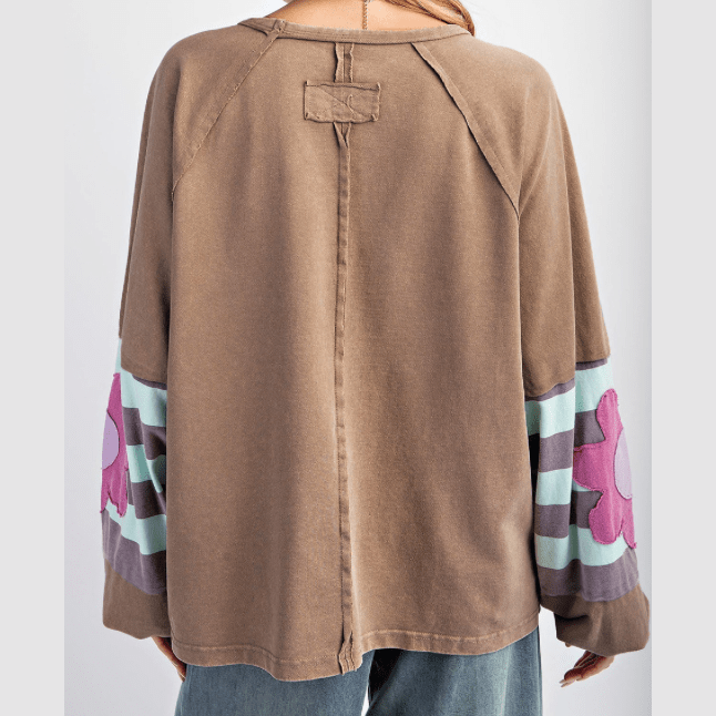 Monella Brown Flower Patchwork Raglan Sleeve Exposed Seam Oversized Top
