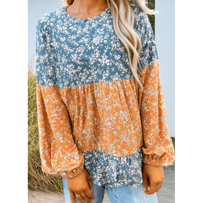 Rosetta Light Blue Floral Color Block Ruffled Hem Round Neck Blouse