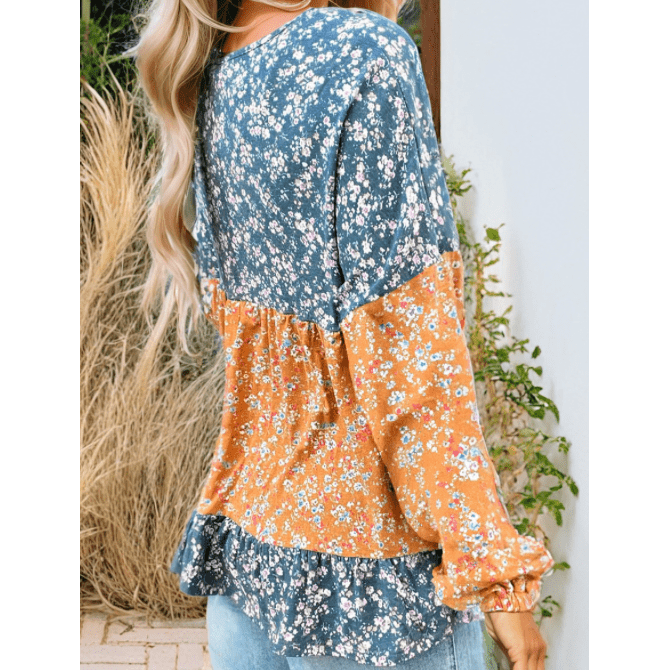 Rosetta Light Blue Floral Color Block Ruffled Hem Round Neck Blouse