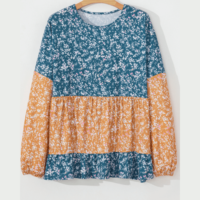 Rosetta Light Blue Floral Color Block Ruffled Hem Round Neck Blouse