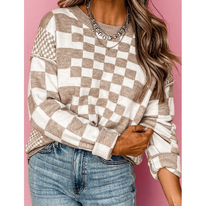 Cheza Khaki Checkered Print Drop Shoulder Round Neck Sweater