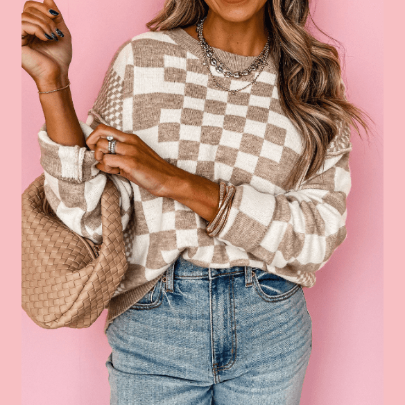 Cheza Khaki Checkered Print Drop Shoulder Round Neck Sweater