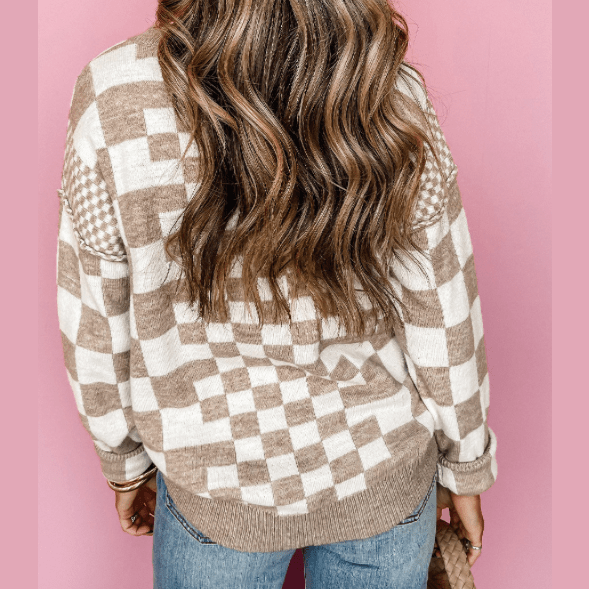 Cheza Khaki Checkered Print Drop Shoulder Round Neck Sweater