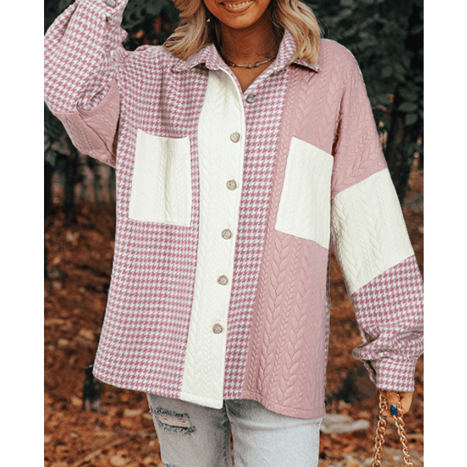 RTS Ava Grace Pink Houndstooth Color Contrast Textured Patchwork Loose Shacket