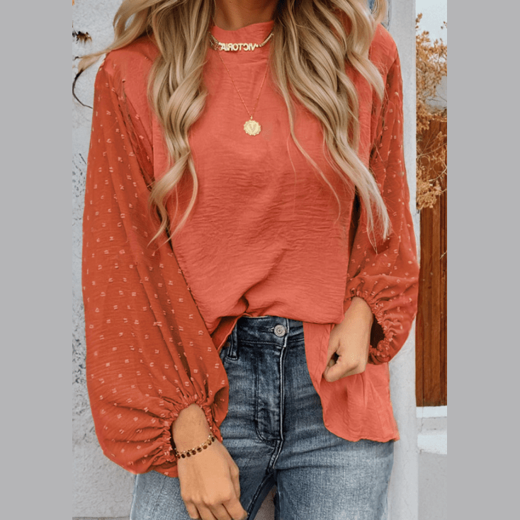 Ragda Russet Orange Swiss Dot Balloon Sleeve Loose Blouse