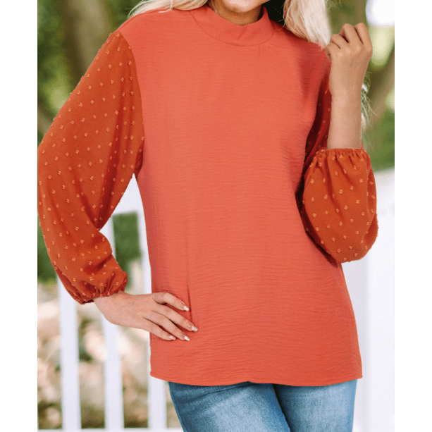 Ragda Russet Orange Swiss Dot Balloon Sleeve Loose Blouse