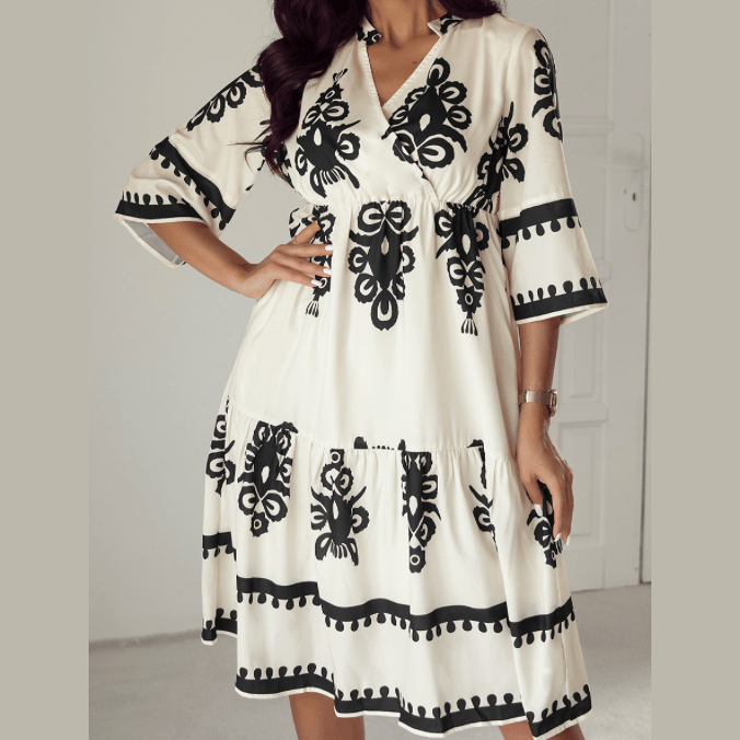 RTS Kaden Beige Western Geometric Print 3/4 Sleeve Loose Midi Dress