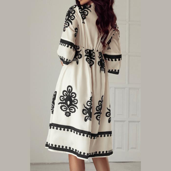 RTS Kaden Beige Western Geometric Print 3/4 Sleeve Loose Midi Dress