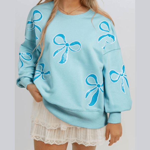 REDUCED!!! Thelma Blue Sequined Bowknot Drop Shoulder Oversized Sweatshirt REDUCED!!!