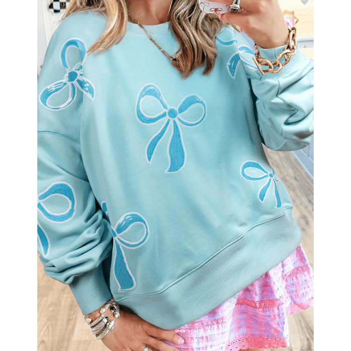 REDUCED!!! Thelma Blue Sequined Bowknot Drop Shoulder Oversized Sweatshirt REDUCED!!!