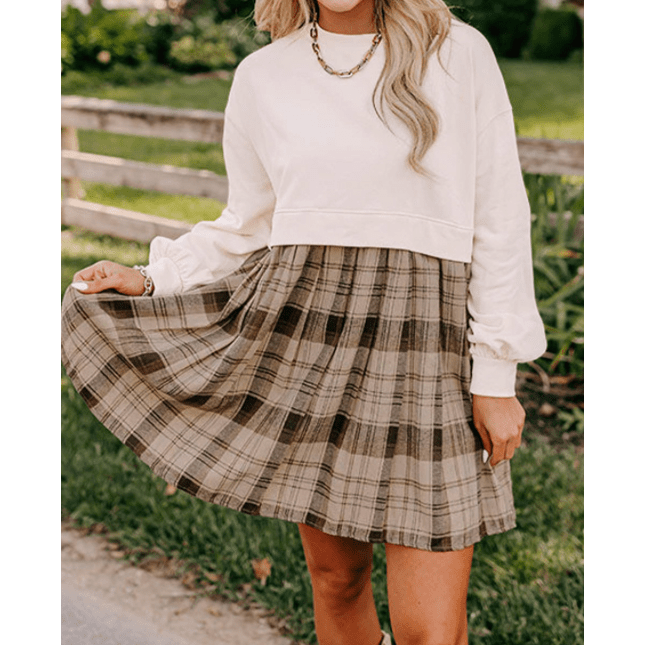 REDUCED!!! Miriam Beige Plaid Patchwork High Waist Sweatshirt Mini Dress REDUCED!!!