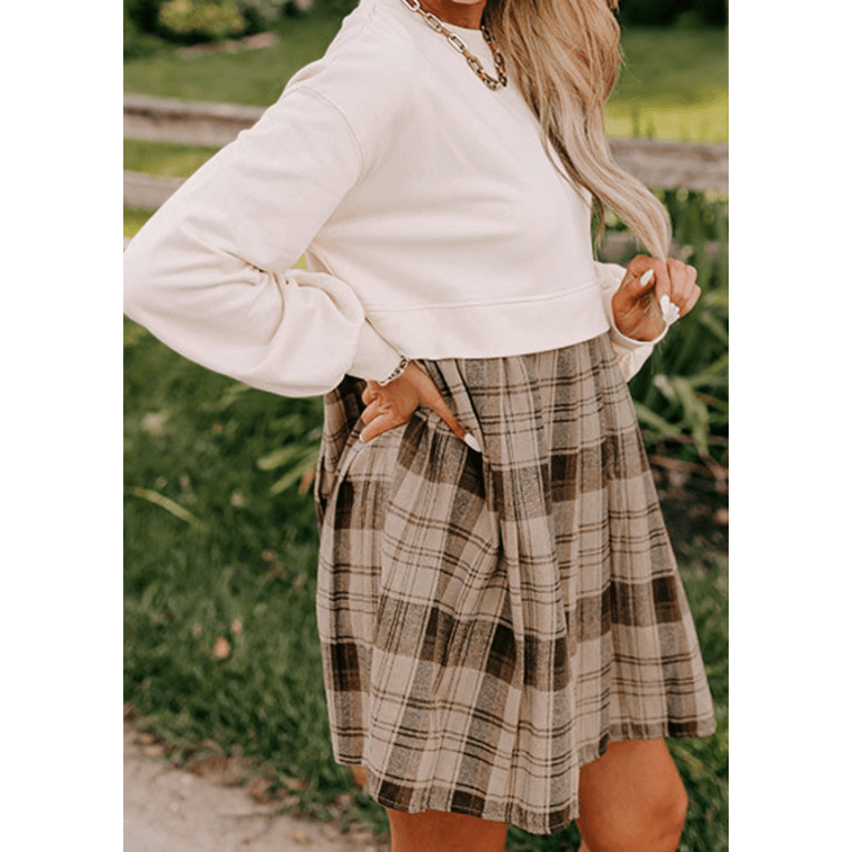 REDUCED!!! Miriam Beige Plaid Patchwork High Waist Sweatshirt Mini Dress REDUCED!!!