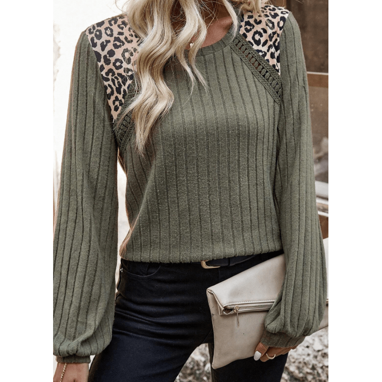 REDUCED!!! Shae Moss Green Leopard Print Crochet Patchwork Rib Textured Knit Top REDUCED!!!