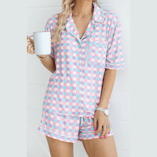 REDUCED!!!  Calinda Purple Checkered Pattern Short Sleeve Pajamas Set  REDUCED!!!