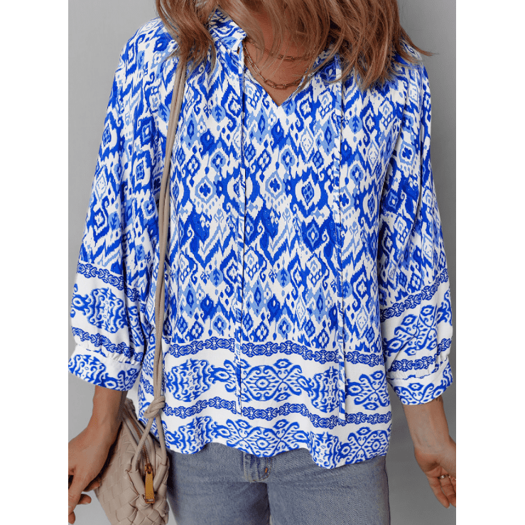 REDUCED!!! Lacole Blue Boho Printed 3/4 Sleeve Tied Neck Blouse. REDUCED!!!